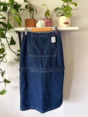 Dark Blue Denim Midi Skirt with Front Pocket